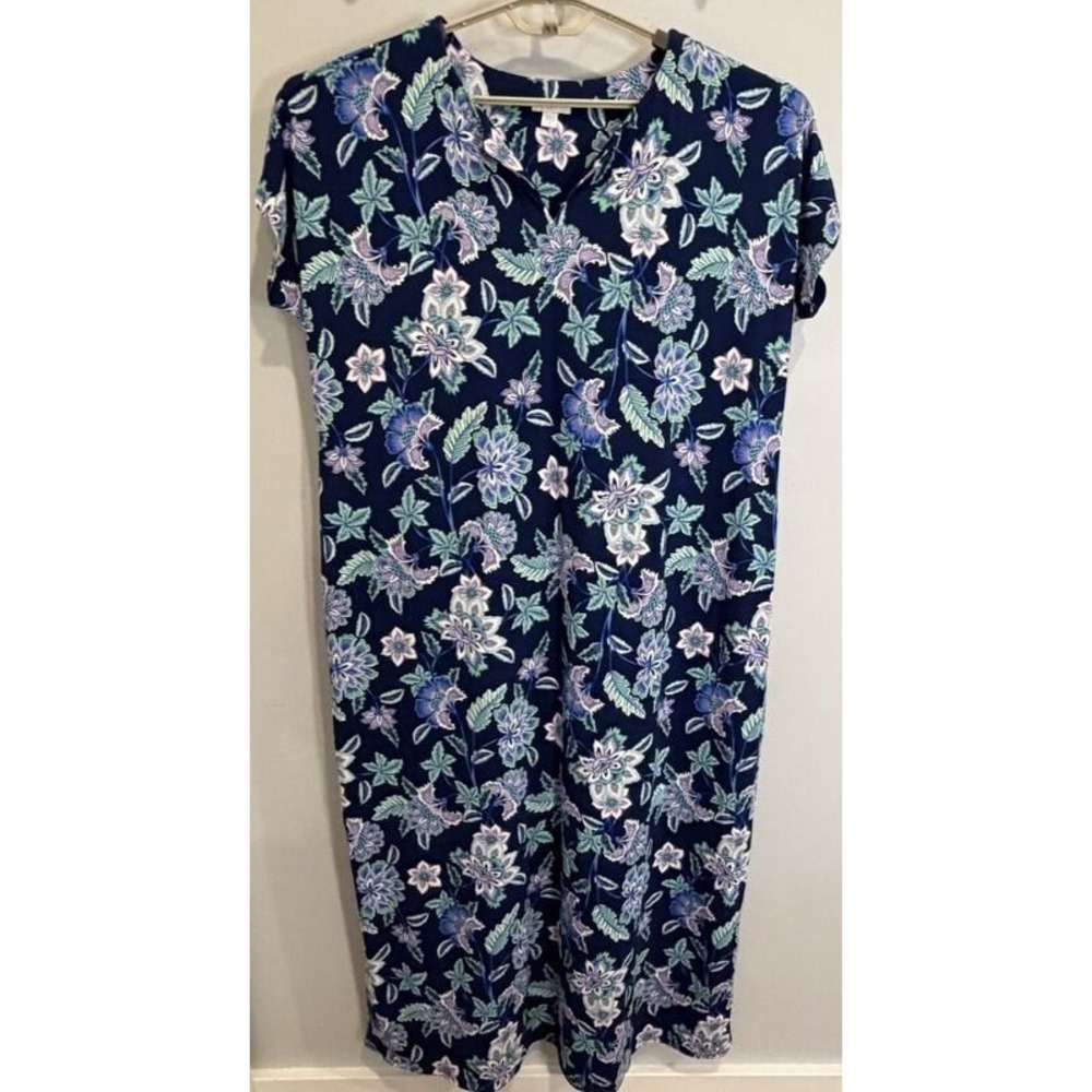 J Jill Navy Floral Maxi Dress Short Sleeve Notch Neck Pockets Jersey Stretch M